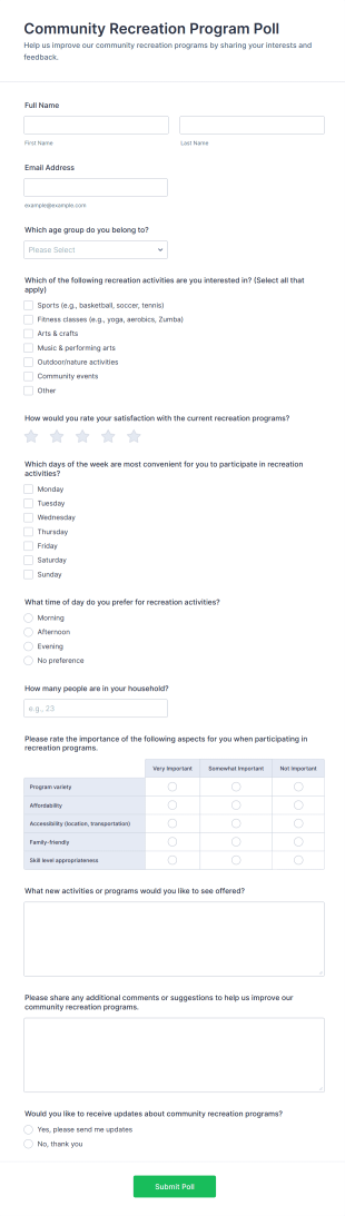 Community Recreation Program Poll Form Template