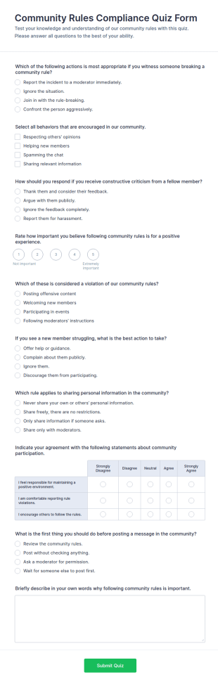Community Rules Compliance Quiz Form Template