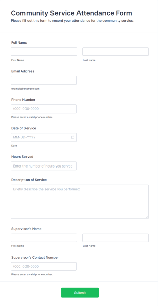 Community Service Attendance Form Form Template