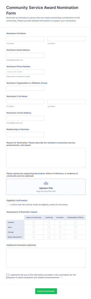 Community Service Award Nomination Form Template
