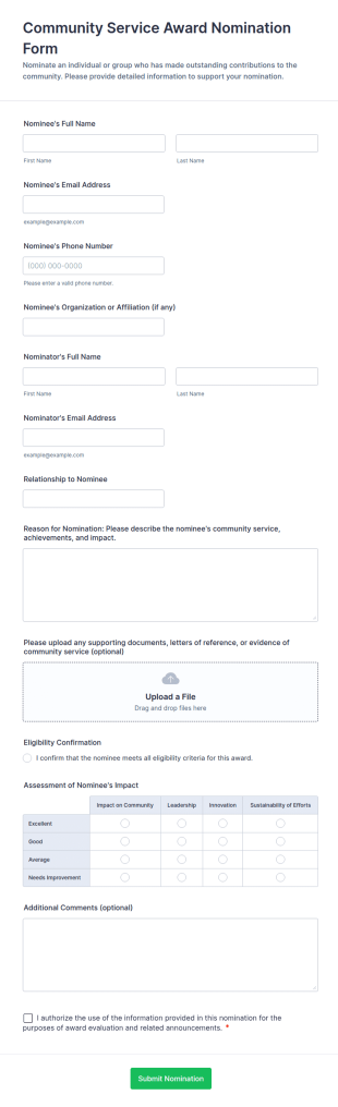Community Service Award Nomination Form Template