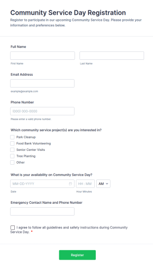 Community Service Day Registration Form Template