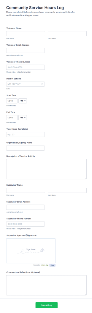 Community Service Hours Log Form Template