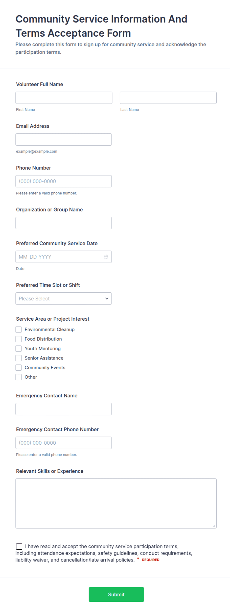 Power App Questionnaire Example Community Service Information And Terms Acceptance Form Template | Jotform