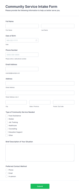 Community Service Intake Form Form Template