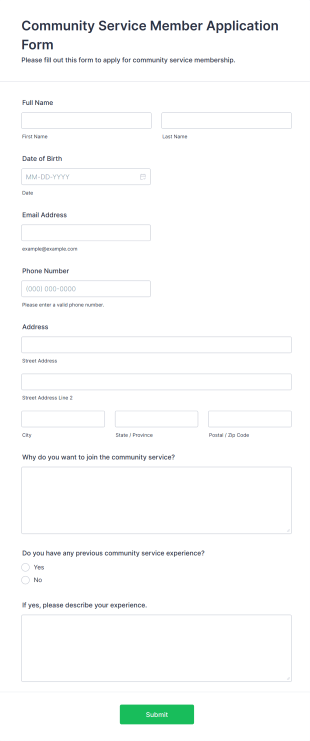 Community Service Member Application Form Form Template