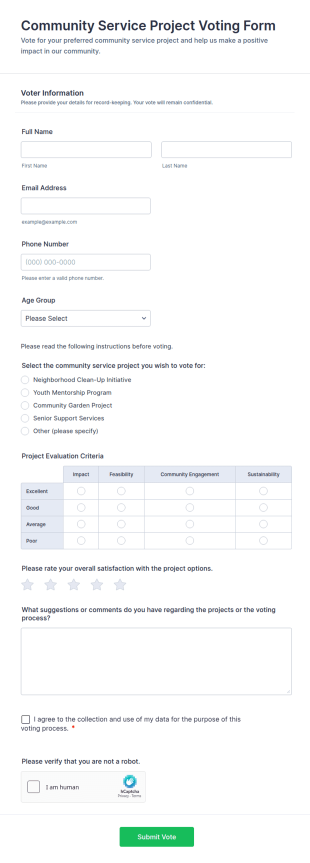 Community Service Project Voting Form Template