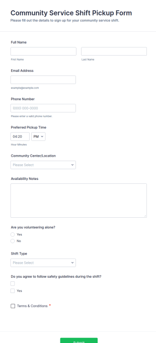 Community Service Shift Pickup Form Template