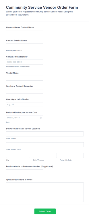 Community Service Vendor Order Form Template