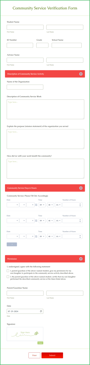 Community Service Verification Form Template