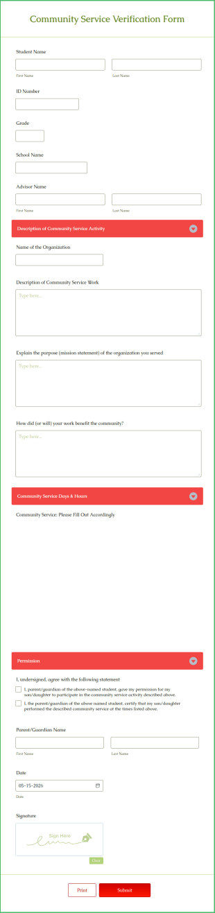 Community Service Verification Form Template