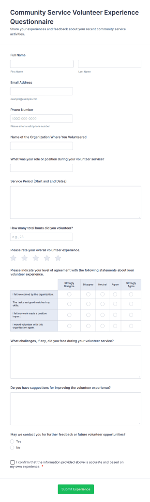 Community Service Volunteer Experience Questionnaire Form Template