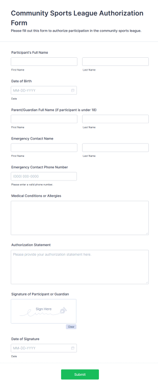 Community Sports League Authorization Form Template