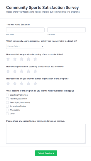 Community Sports Satisfaction Survey Form Template