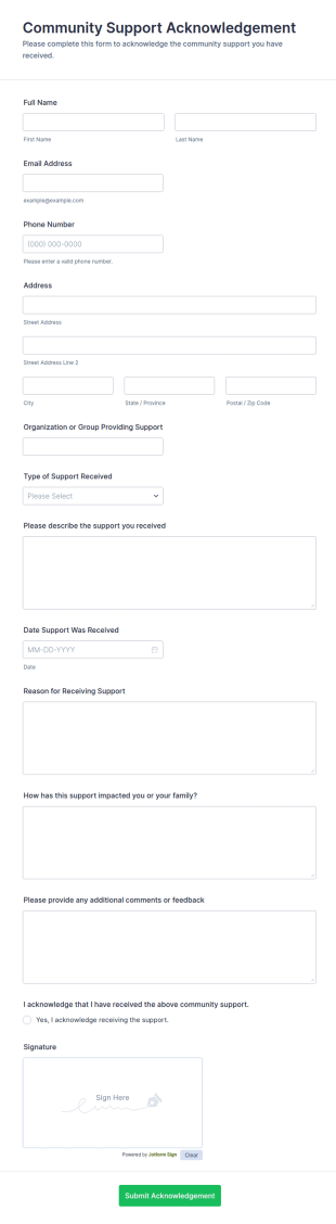 Community Support Acknowledgement Form Template