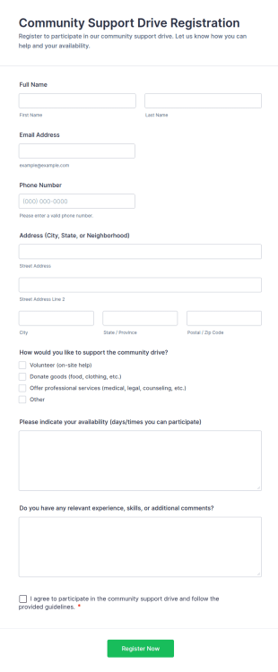 Community Support Drive Registration Form Template