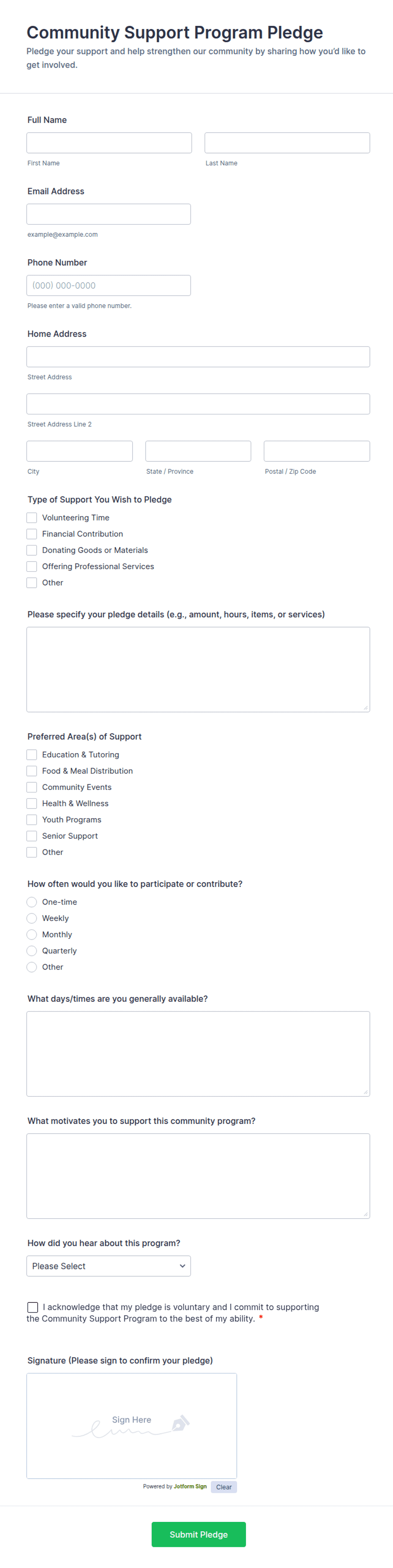 Community Support Program Pledge Form Template | Jotform