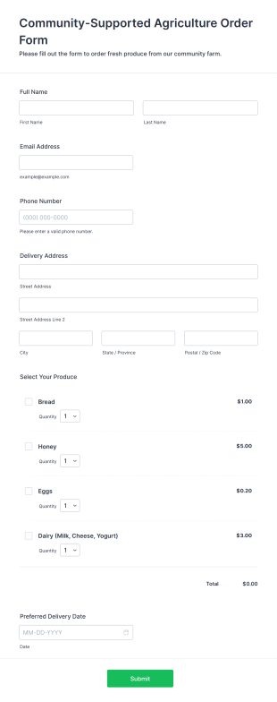 Community Supported Agriculture Order Form Template