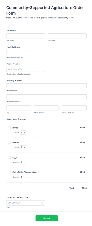 Community Supported Agriculture Order Form Template
