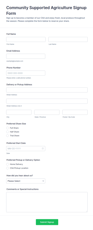 Community Supported Agriculture Signup Form Template