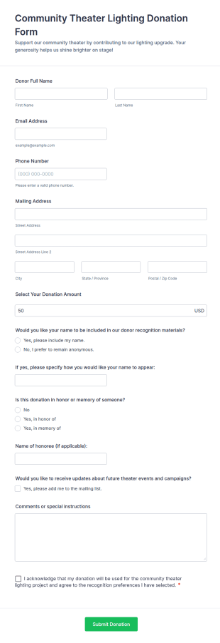 Community Theater Lighting Donation Form Template