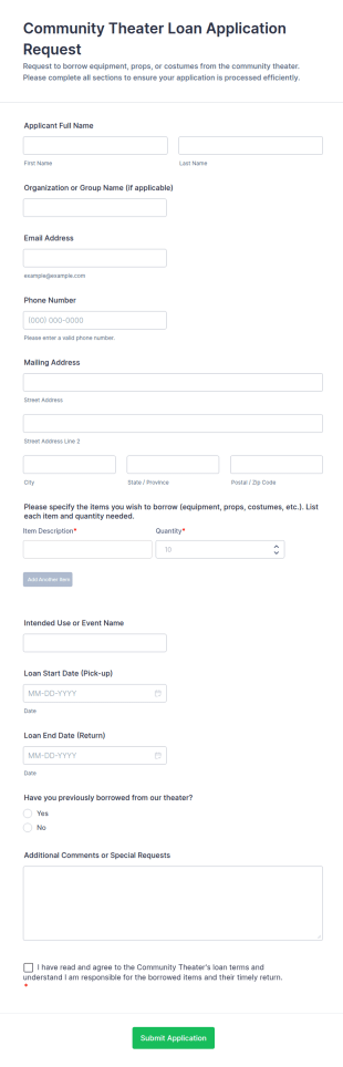 Community Theater Loan Application Request Form Template