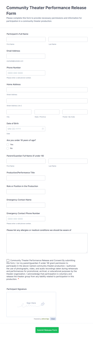 Community Theater Performance Release Form Template