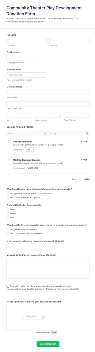 Community Theater Play Development Donation Form Template