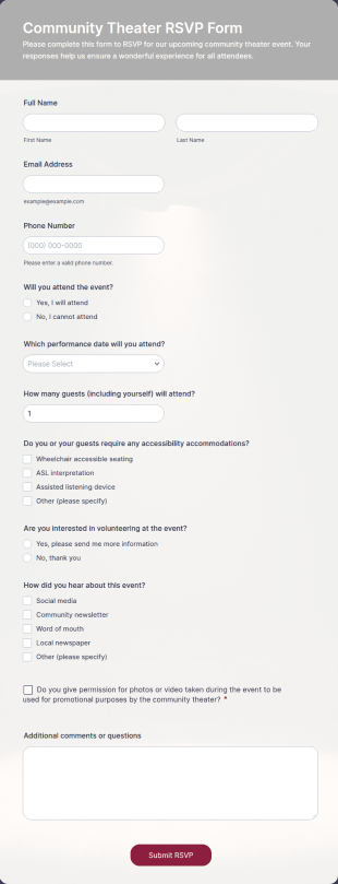 Community Theater RSVP Form Template
