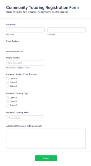 Community Tutoring Registration Form Template