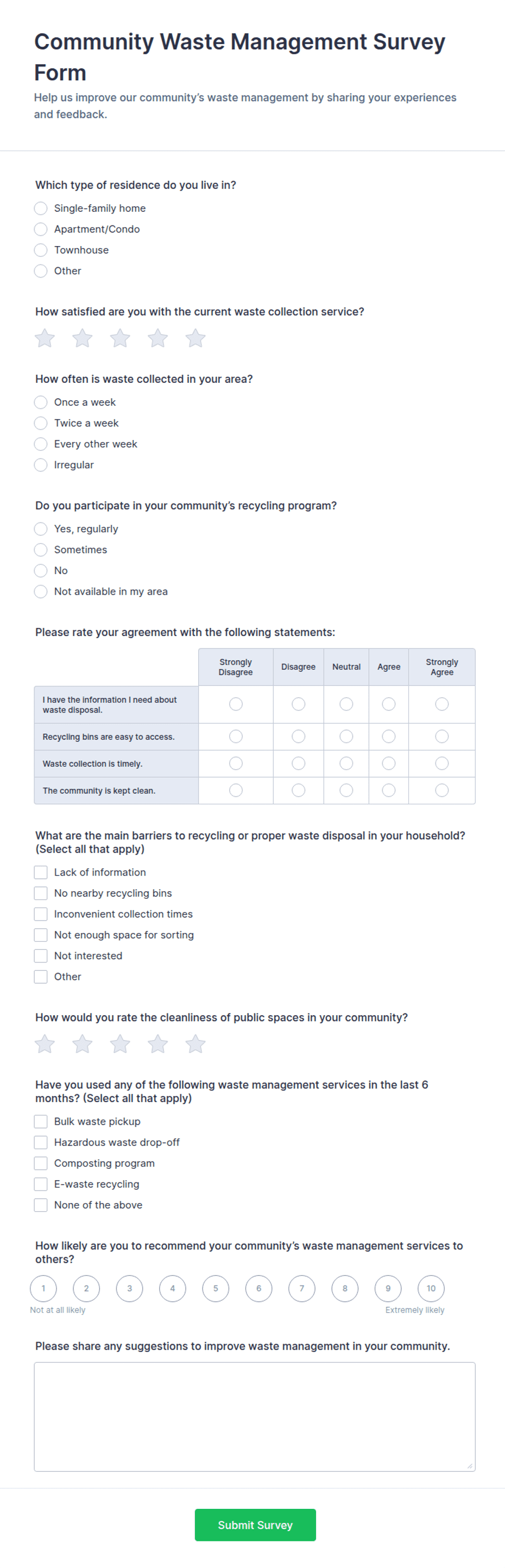 Community Waste Management Survey Form Template | Jotform