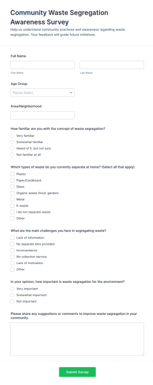 Community Waste Segregation Awareness Survey Form Template