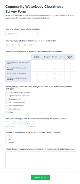 Community Waterbody Cleanliness Survey Form Template