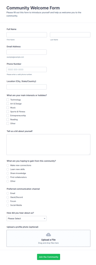 Community Welcome Form Template