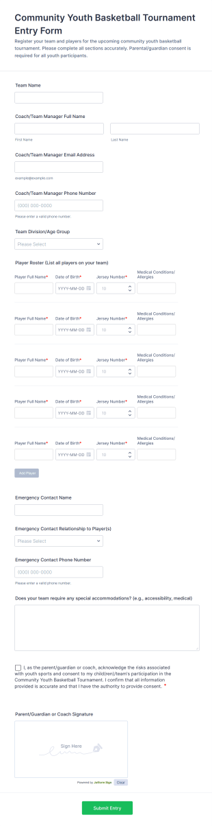Community Youth Basketball Tournament Entry Form Template
