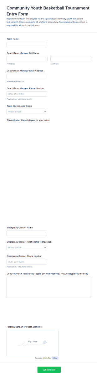 Community Youth Basketball Tournament Entry Form Template