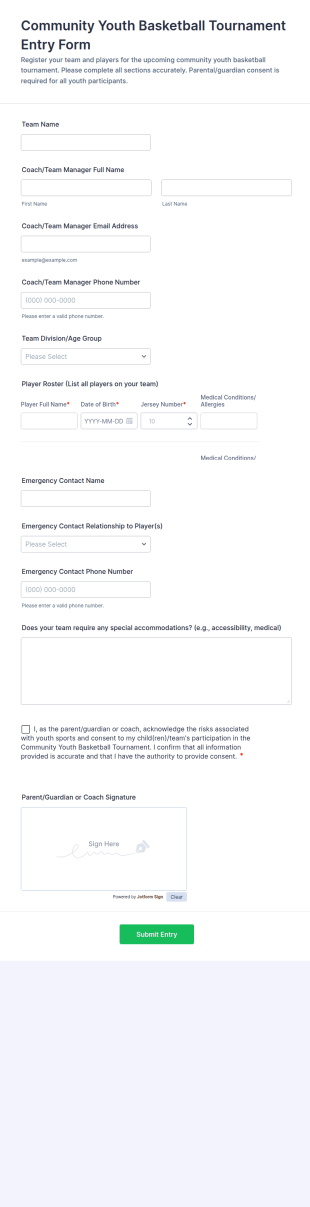 Community Youth Basketball Tournament Entry Form Template