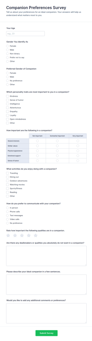 Companion Preferences Survey Form Template