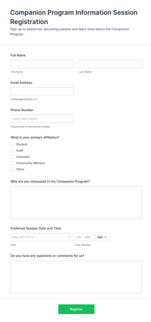 Companion Program Information Session Registration Form Template