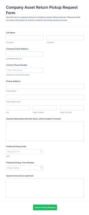 Company Asset Return Pickup Request Form Template