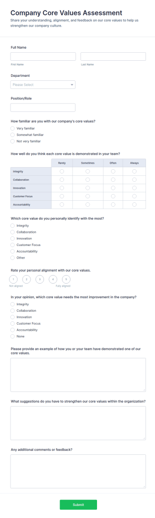 Company Core Values Feedback Form Template