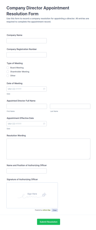 Company Director Appointment Resolution Form Template