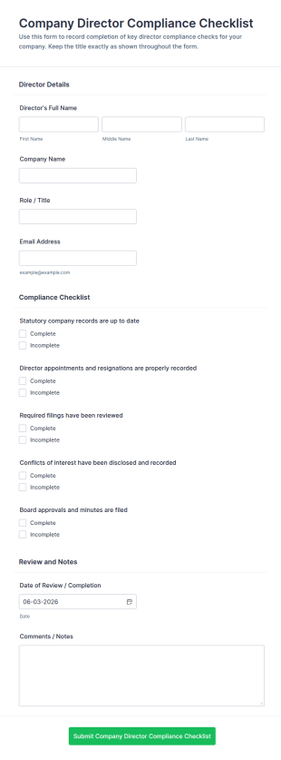 Company Director Compliance Checklist Form Template