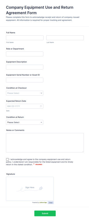 Company Equipment Use And Return Agreement Form Template
