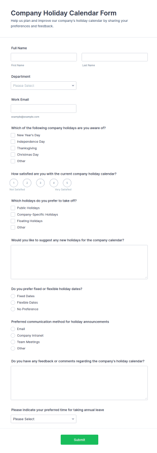 Company Holiday Calendar Form Template