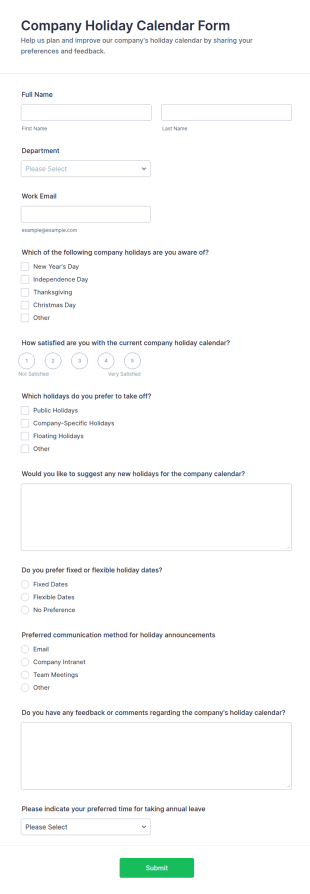 Company Holiday Calendar Form Template