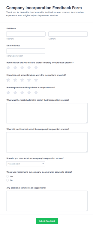 Company Incorporation Feedback Form Template