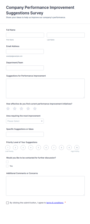Company Performance Improvement Suggestions Survey Form Template