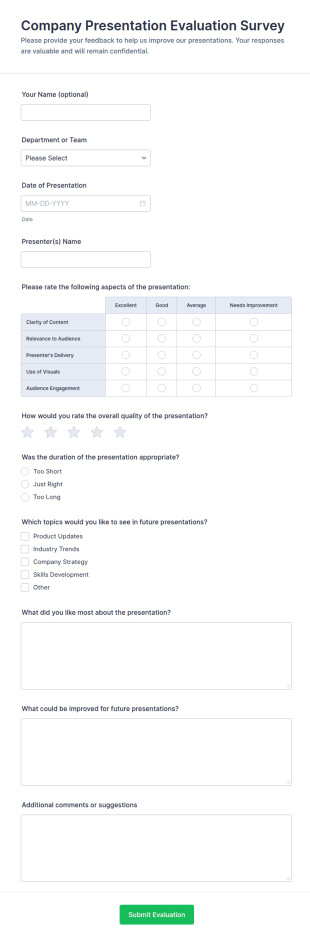 Company Presentation Evaluation Survey Form Template