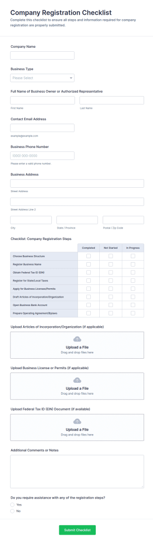 Company Registration Checklist Form Template